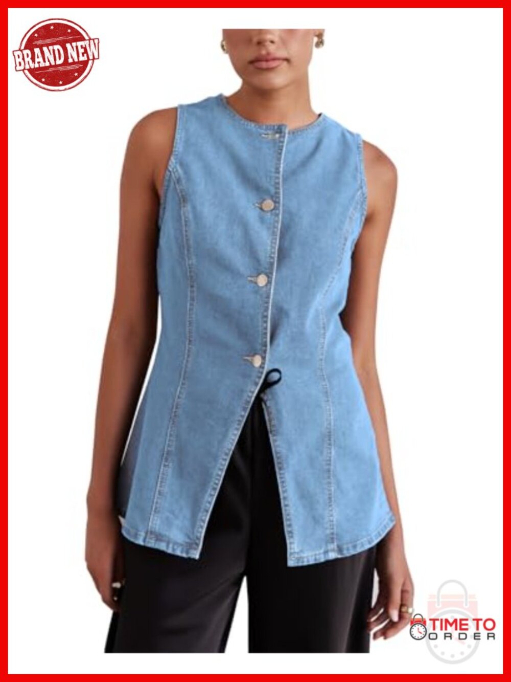 Long Denim Vest Sleeveless Button-Up Back Slit Jean Jacket Vest Y2K